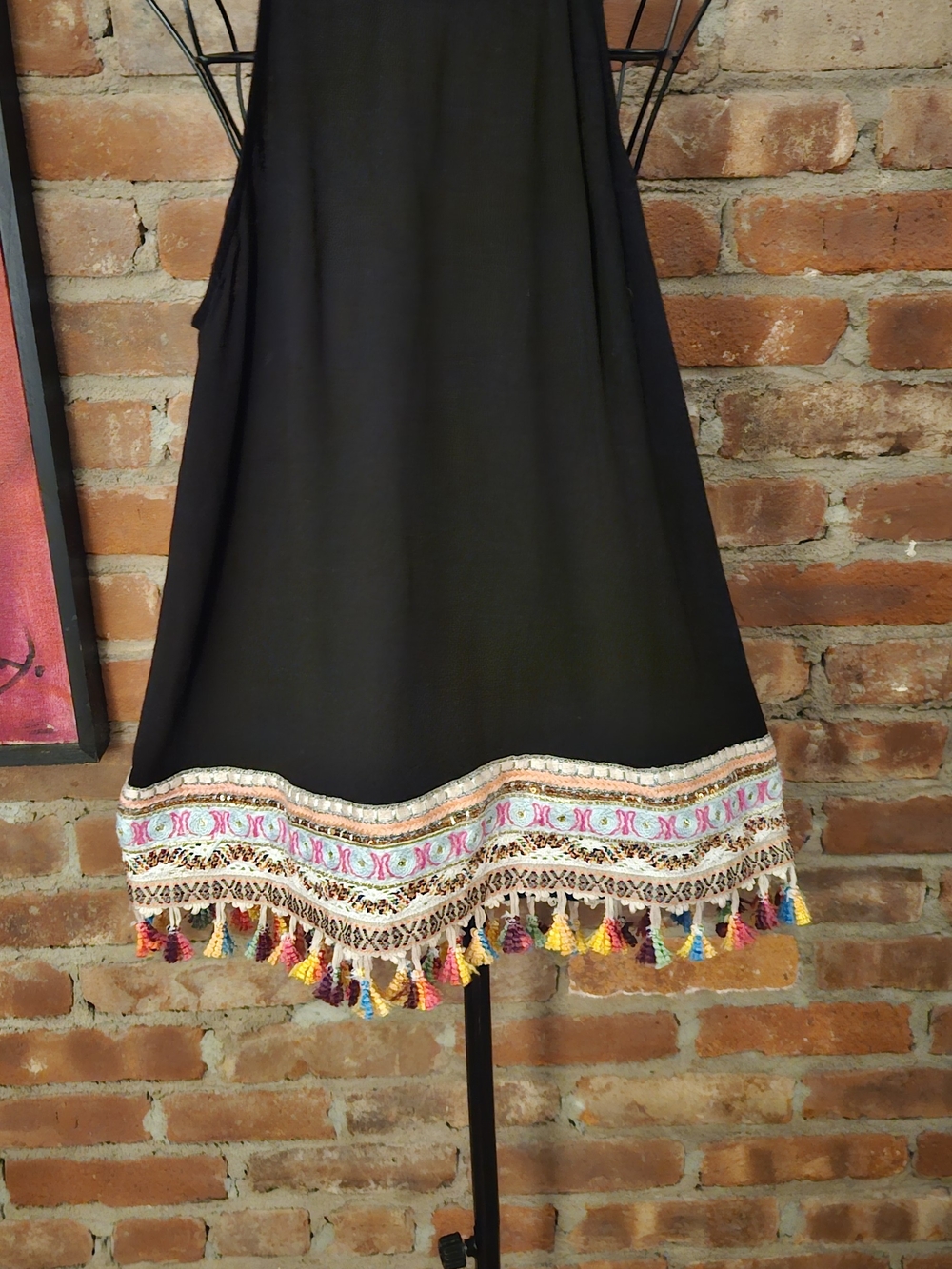entro Black A-Line Top with Multicolor Embroidered Tassel Hem